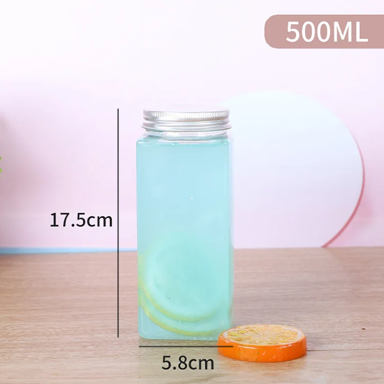 
Wholesale Aluminum Screw Lid Square Shaped Milk Tea Contianer Beverage 500ml Clear Plastic Juicy Bottles Pet 