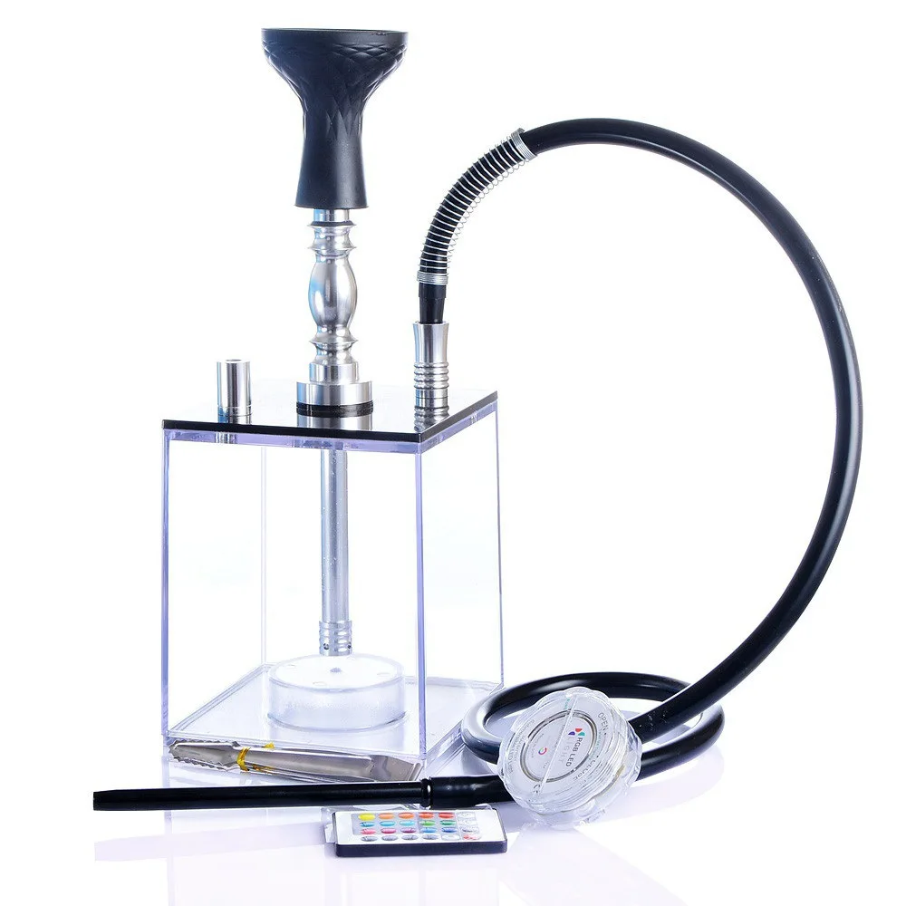 1 Hose Large Capacity Cube Complete Kit with Magical Remote LED Light Square Acrylic Hookah Set