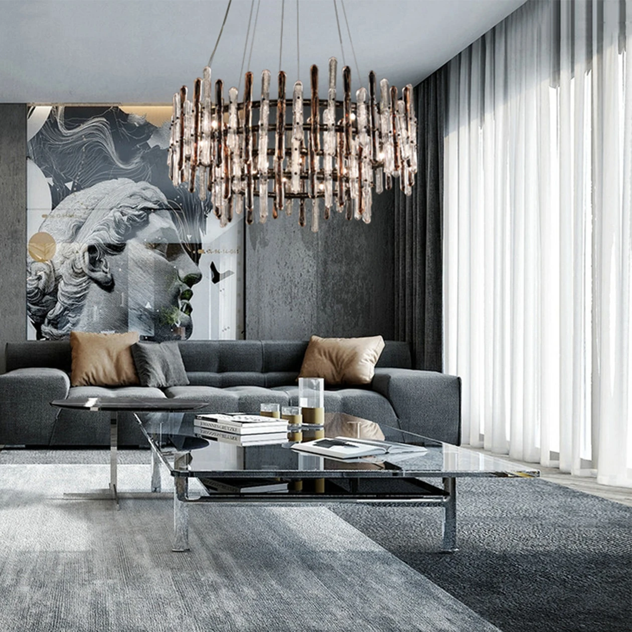 Noble and mysterious crystal lamp handmade glass rod round villa living room double deck chandelier