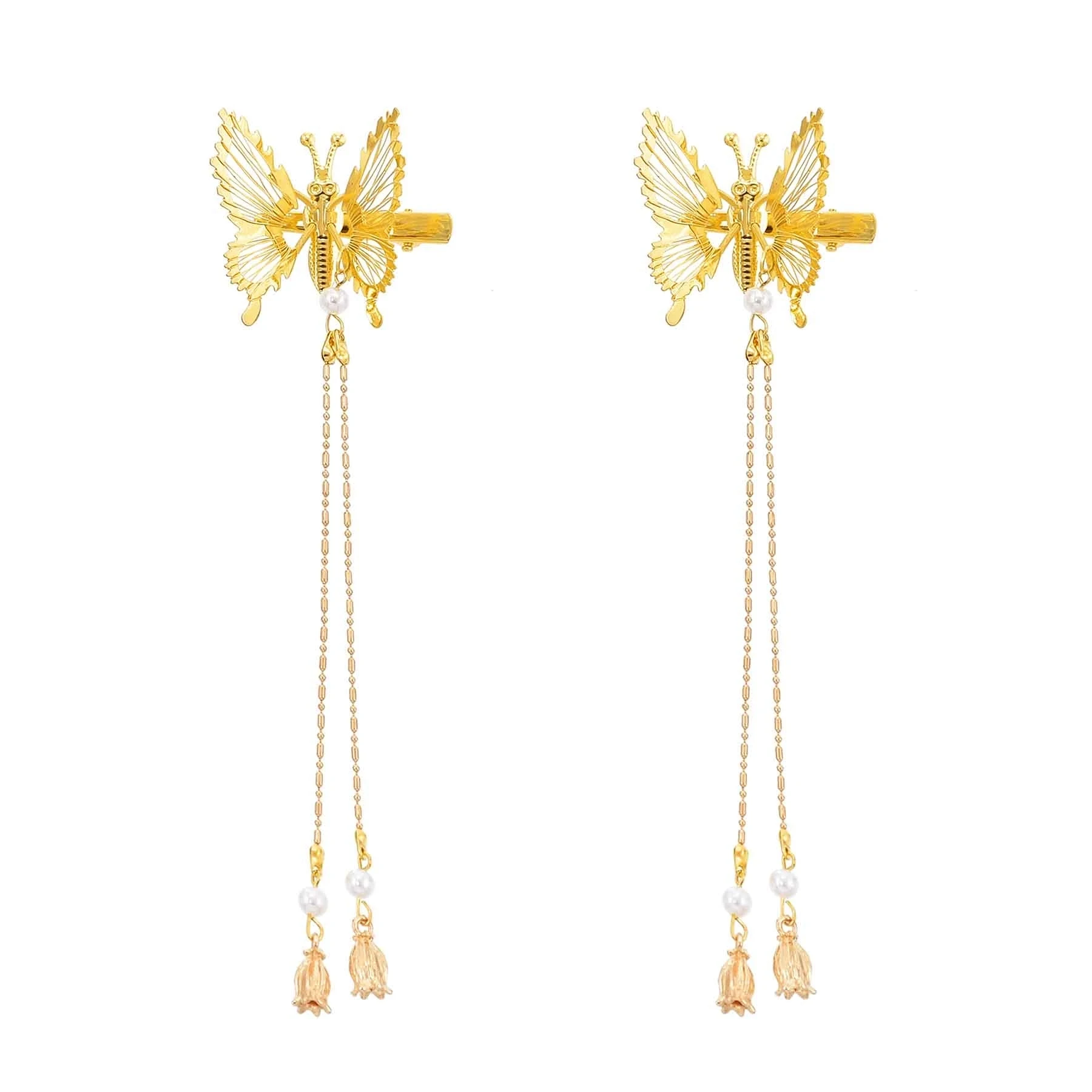 2 Pieces Butterfly Hairclips Women Gold Plated Long Tassel Cute Bangs Hair Jewelry