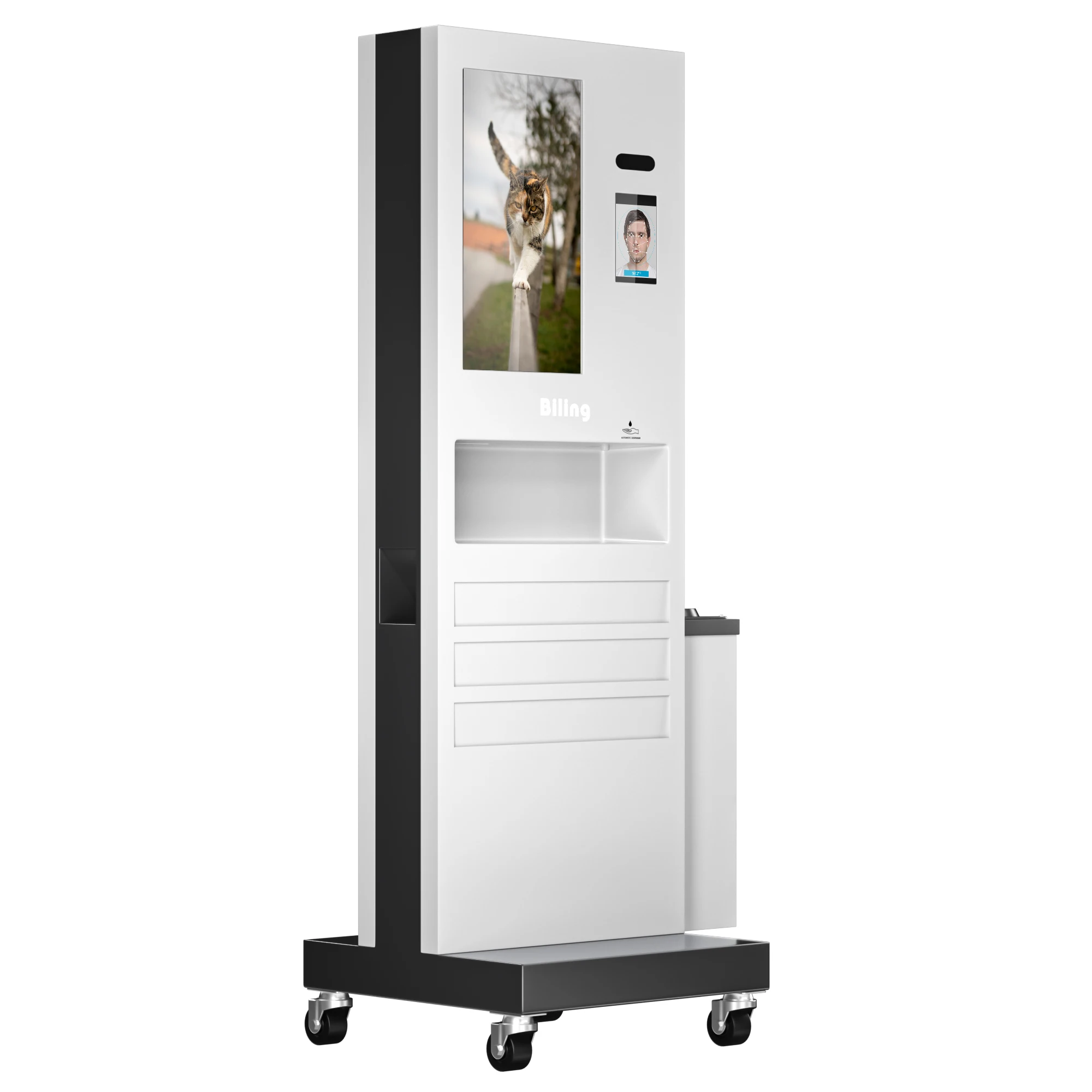 Shopping Mall 32 inch floor standing kiosk 1200 ml Hand Wash Dispenser Body Temperature Sensor LCD Screen Kiosk