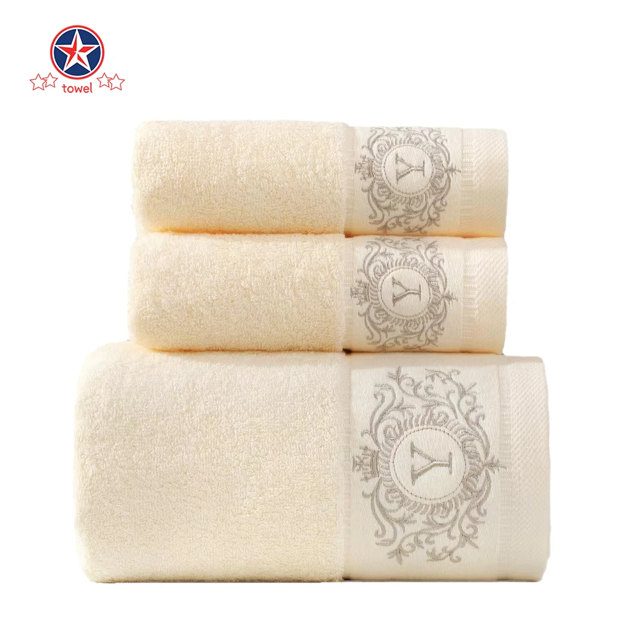 China Factory Wholesale 35*75 cm 70*140 cm custom logo package hand face bath towels sets 100% pure cotton 3 pieces towel set