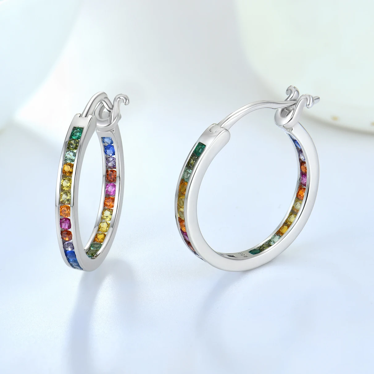 925 Sterling silver gold cartilage rainbow pave CZ zircon dainty hoop huggie earrings