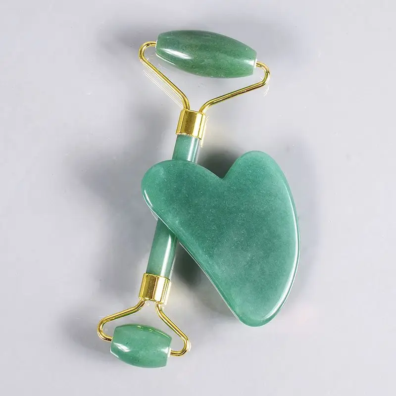Factory Cheaper Price  Facial Natural Stone Green Aventurine Jade Roller Facial Skin Massage Roller And GuaSha Set