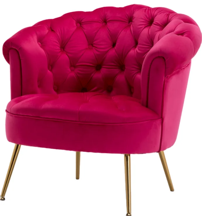 
Luxury Rose Red Accent Chair Modern Style Room Chair Golden Metal Leg Leisure Chair 