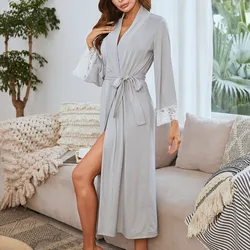 High Performance Solid Color Long Sleeve Bamboo Woman Casual Pajamas For Spring 2pcs Nightgown