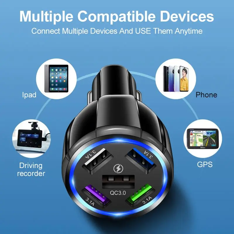 5 Ports USB 15A Car Charger QC 3.0 Port Phone Fast Charging Adapter for  IPhone 12 Xiaomi Samsung Intelligent Charging