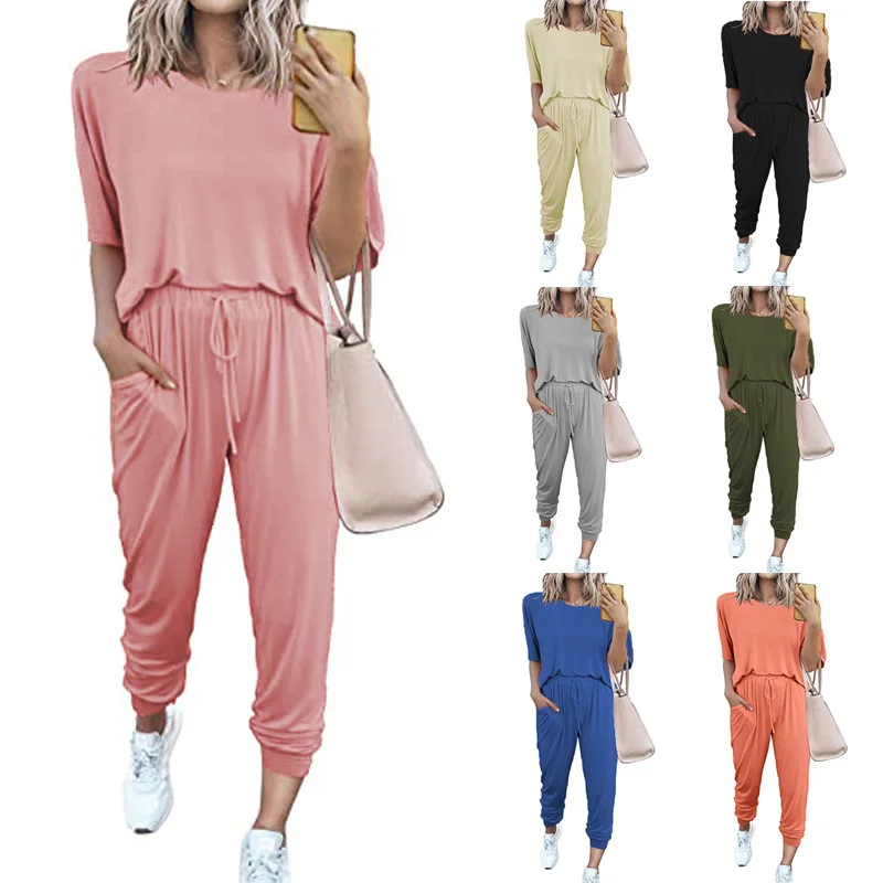 Hot Sale Summer Clothes Ladies Two Piece Pants Set Jogger Set  Plain Outfits for Women Tracksuit Workout Lounge Wear Sets