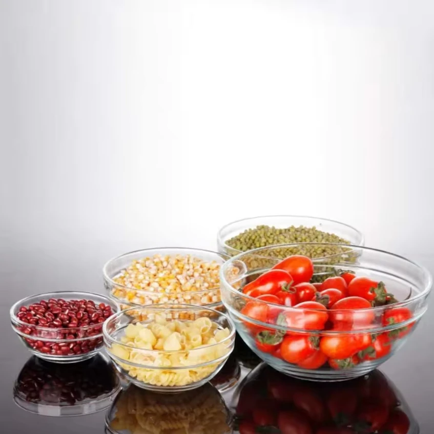Wholesale 5pcs Glass Mixing Fresh Bowl Set Round Glass Fruit Salad Food Containers Serving Bowl With Plastic Lid