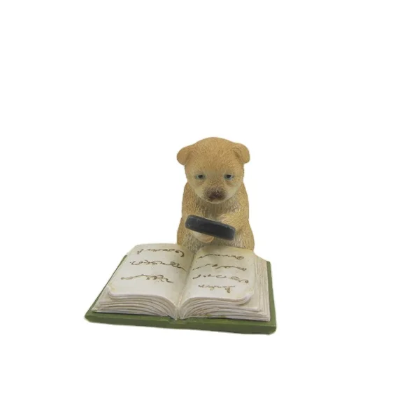 Little Dog Holds Magnifying Glass Statue,Mini Cute Puppy Read Book Figurine