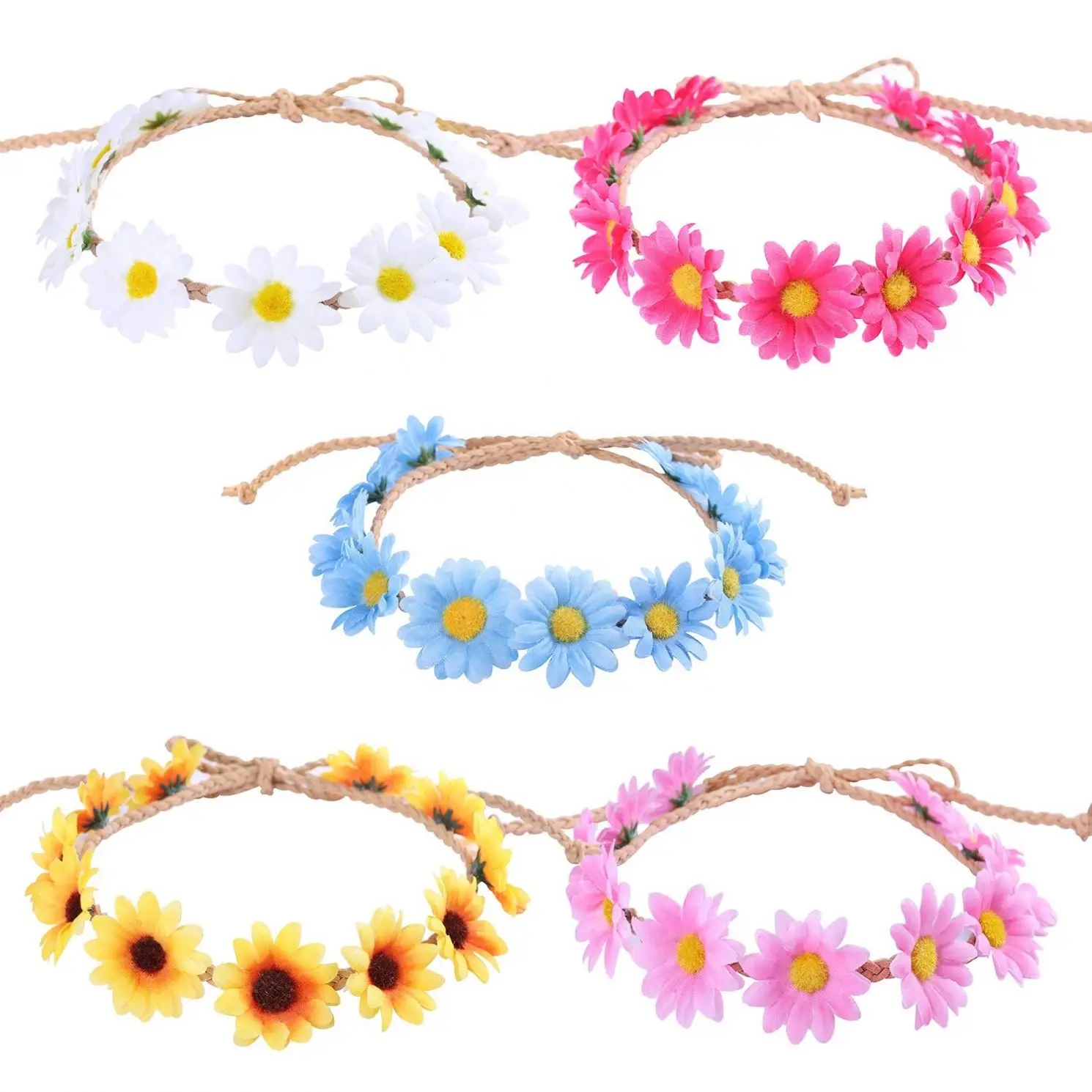 Daisy Sunflower Hair Wreath Hippie Festival Flower Headband for Summer Wedding Party Decoration