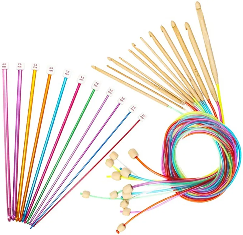 23 Pcs Tunisian Crochet Hooks Set Bamboo Knitting Needle with Extend Braided Tube, Anti-Slip Bead Aluminum  Needle Hook Sets