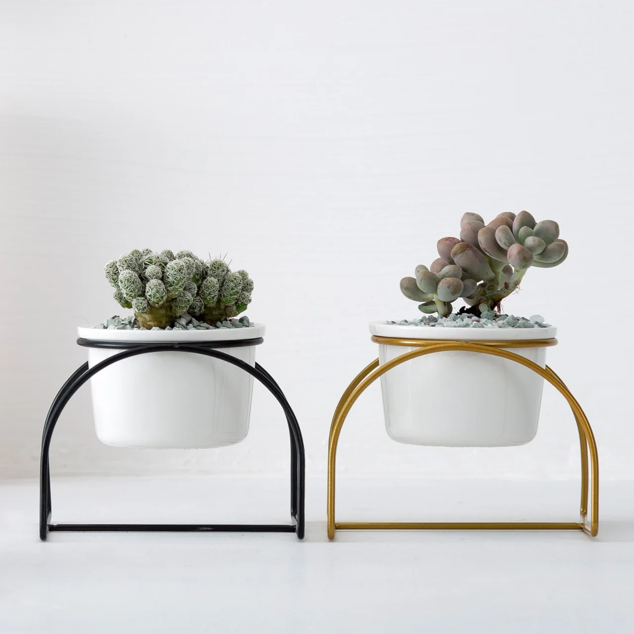 
Nordic simple ironwork ceramic small round pot arched iron frame fleshy ceramic flowerpot INS ironwork set 