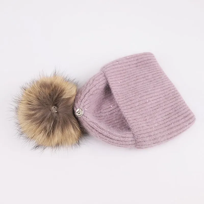 warm wool fur knitted stylish winter hats for women beanie hats with pompon