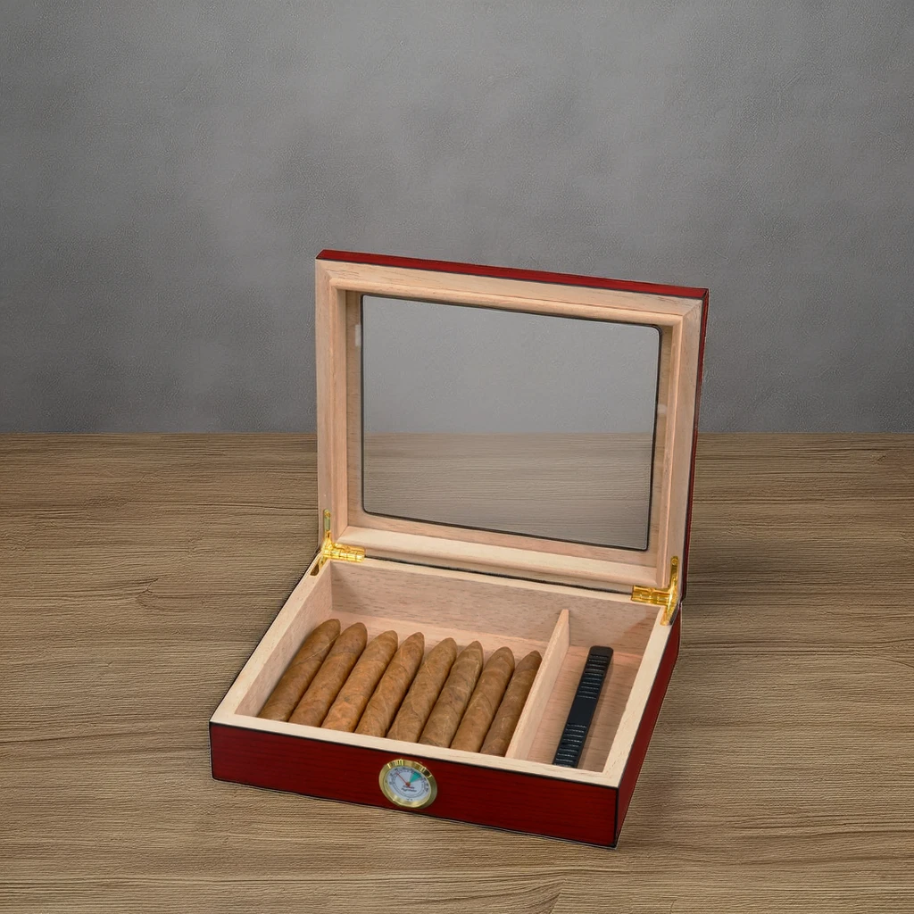 Sonny Wholesale Glossy 20 CT Glass Top Cherry Cedar Wooden Cigar Humidor Box