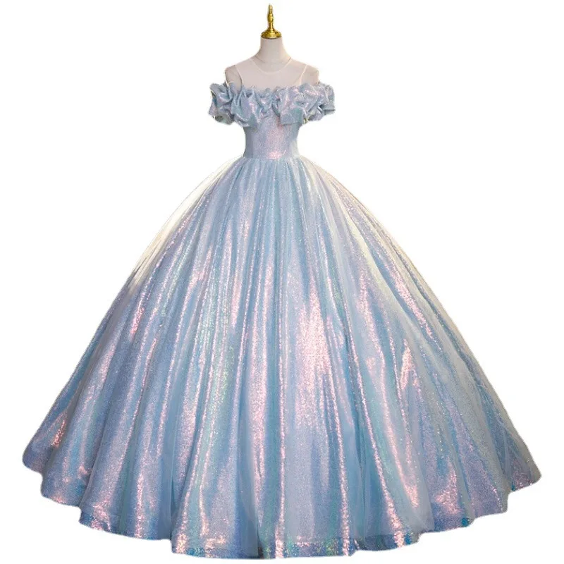 2023 Luxurious Women Lady Elegant Light Blue Girl Quinceanera Prom Party Ball Gown Dress