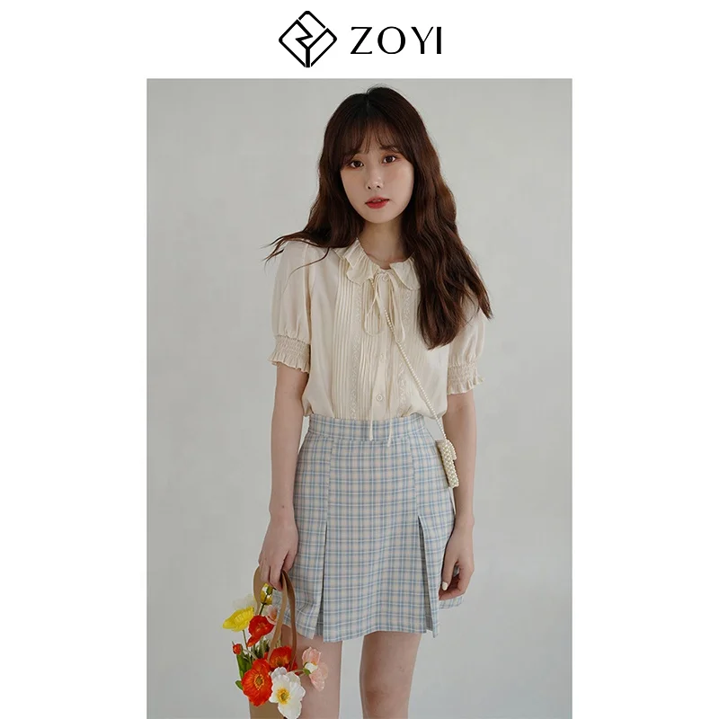 
wholesale custom made sweet lace short-sleeved shirt women summer retro palace style pleated lace shirt top 