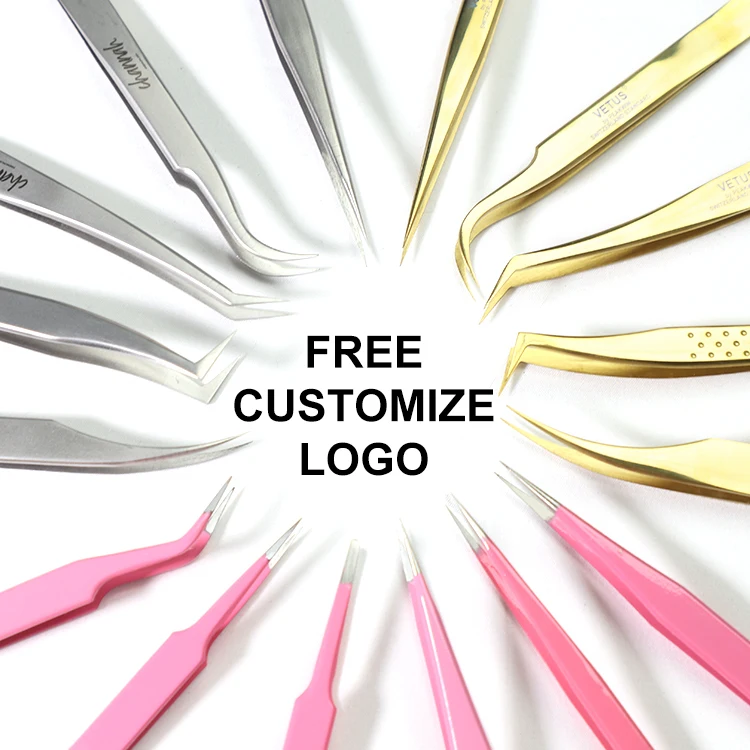 Free Custom Logo 90 Degree Fiber Tips Eyelash Tweezers Perfect Grip Nano Tip Japanese Stainless Steel Tweezers