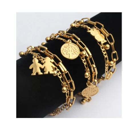 
2021 Stainless Steel Tree Owl Boy Girl Charm Bracelet Double Layer Gold Thin Long Chain Bracelets 
