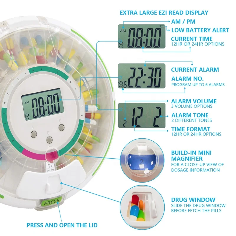Стандартный отдельный диспенсер для таблеток с сигнализацией для пожилых людей, 28-дневный цилиндрический диспенсер для таблеток