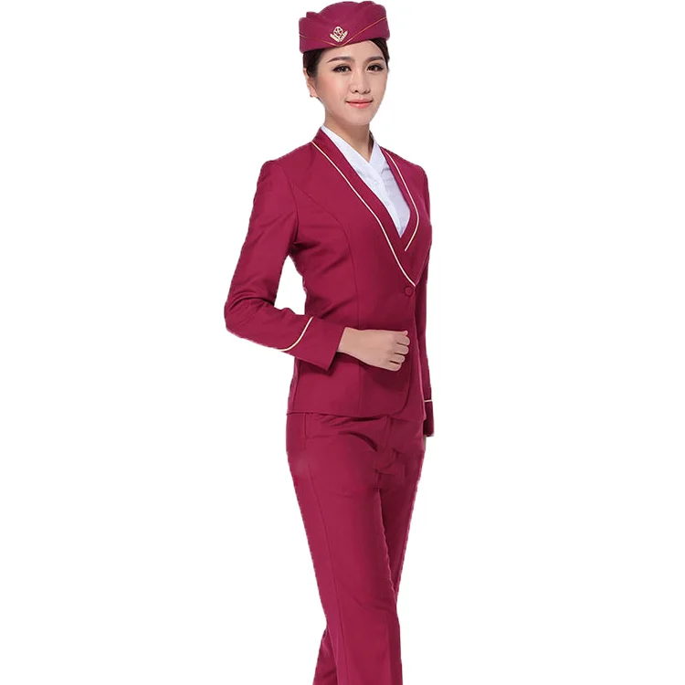 Wholesale New Stylish Red Flight Attendant Uniforms Suits  Airline Clothes Stewardess Uniforms