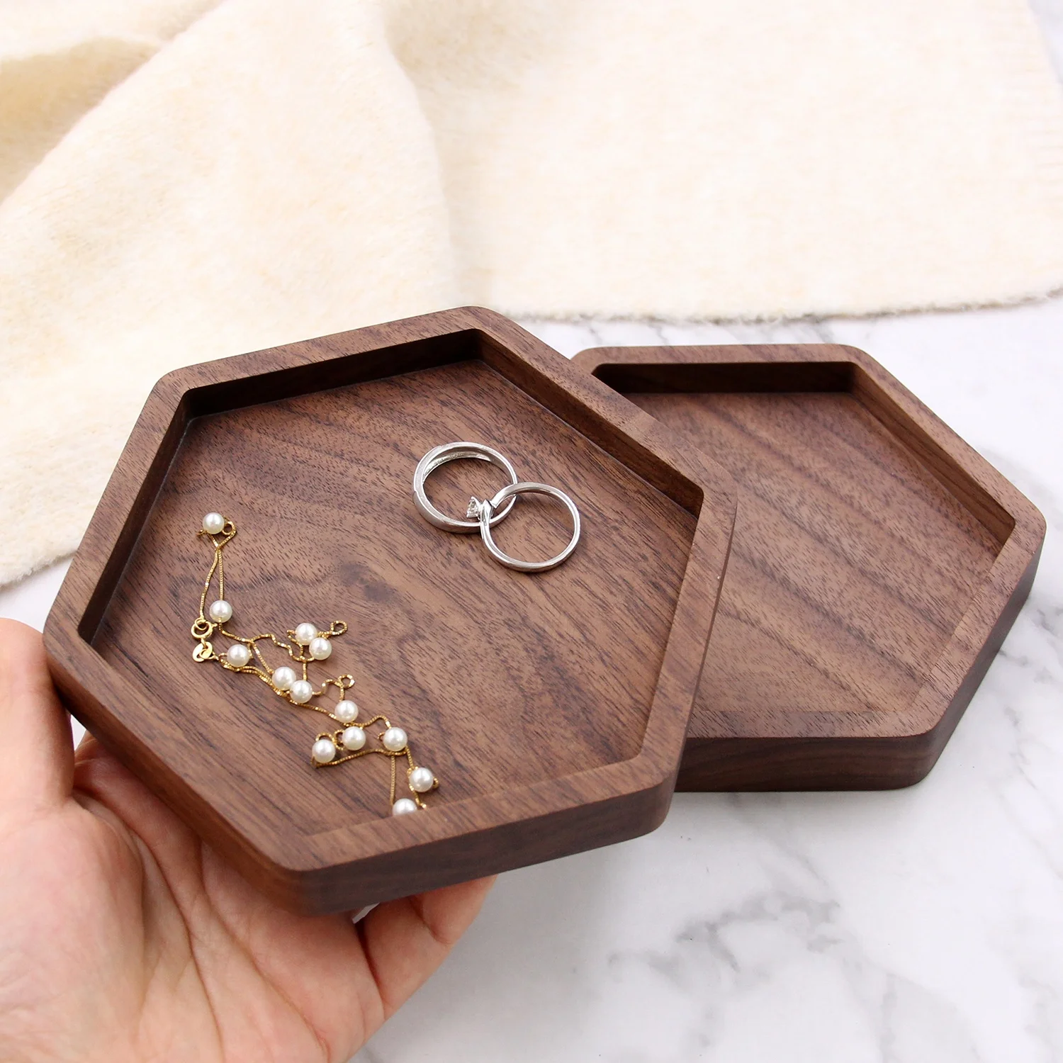 Hexagon Walnut Wood Tray Key or Ring Dish Gift to Her