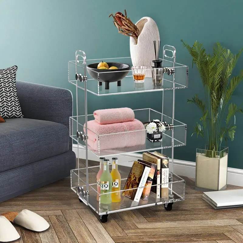 High Quality Easy Assembly 3 Tier Acrylic Utility Rolling Cart Multifunction Storage Cart On Wheels