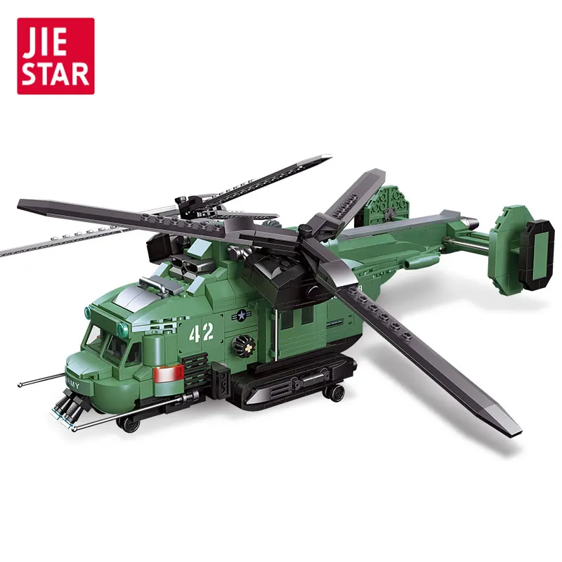 JIESTAR 705 Pcs Kids Diy Educational Military Twin-Rotor Helicopter Model Army Airplane Building Block Set Boys Girls Gift Set