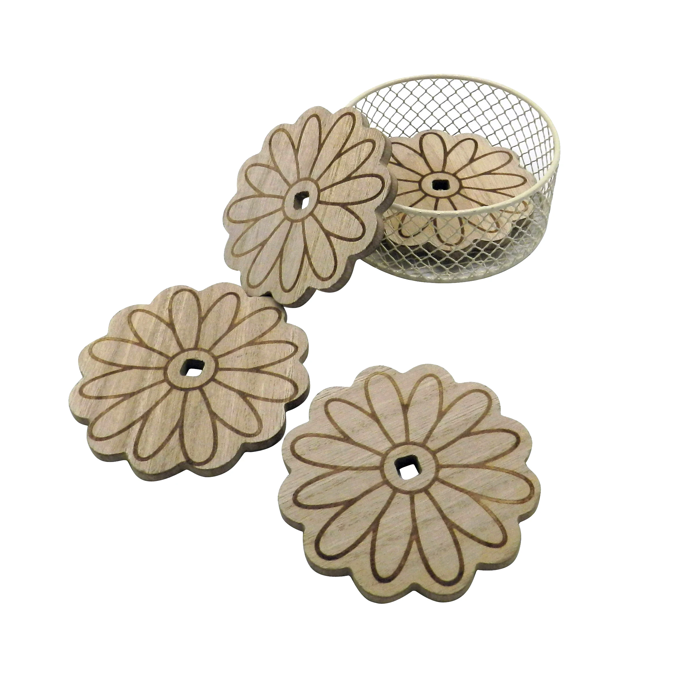 
Daisy Shape Wooden Coaster Set with Wire Basket Holder, Handmade Dinner Coaster Table Drink Coasters, Home/Office Decor 