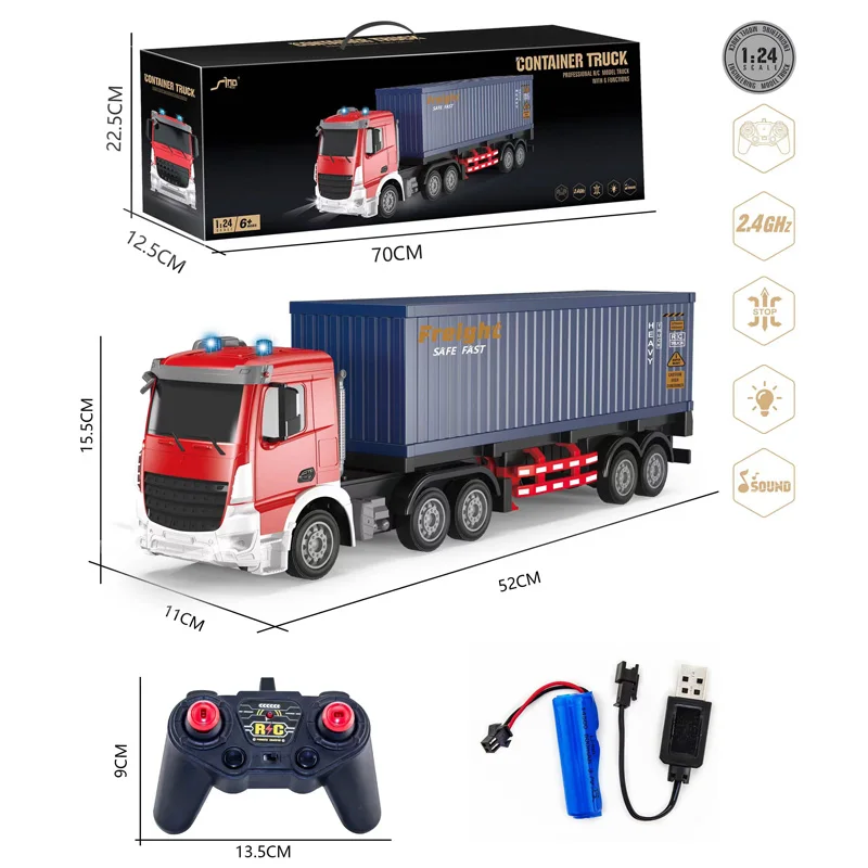 Remote control toy truck with cargo box 2.4Ghz RC container truck with LED lights and music sounds detachable tow semi truck car