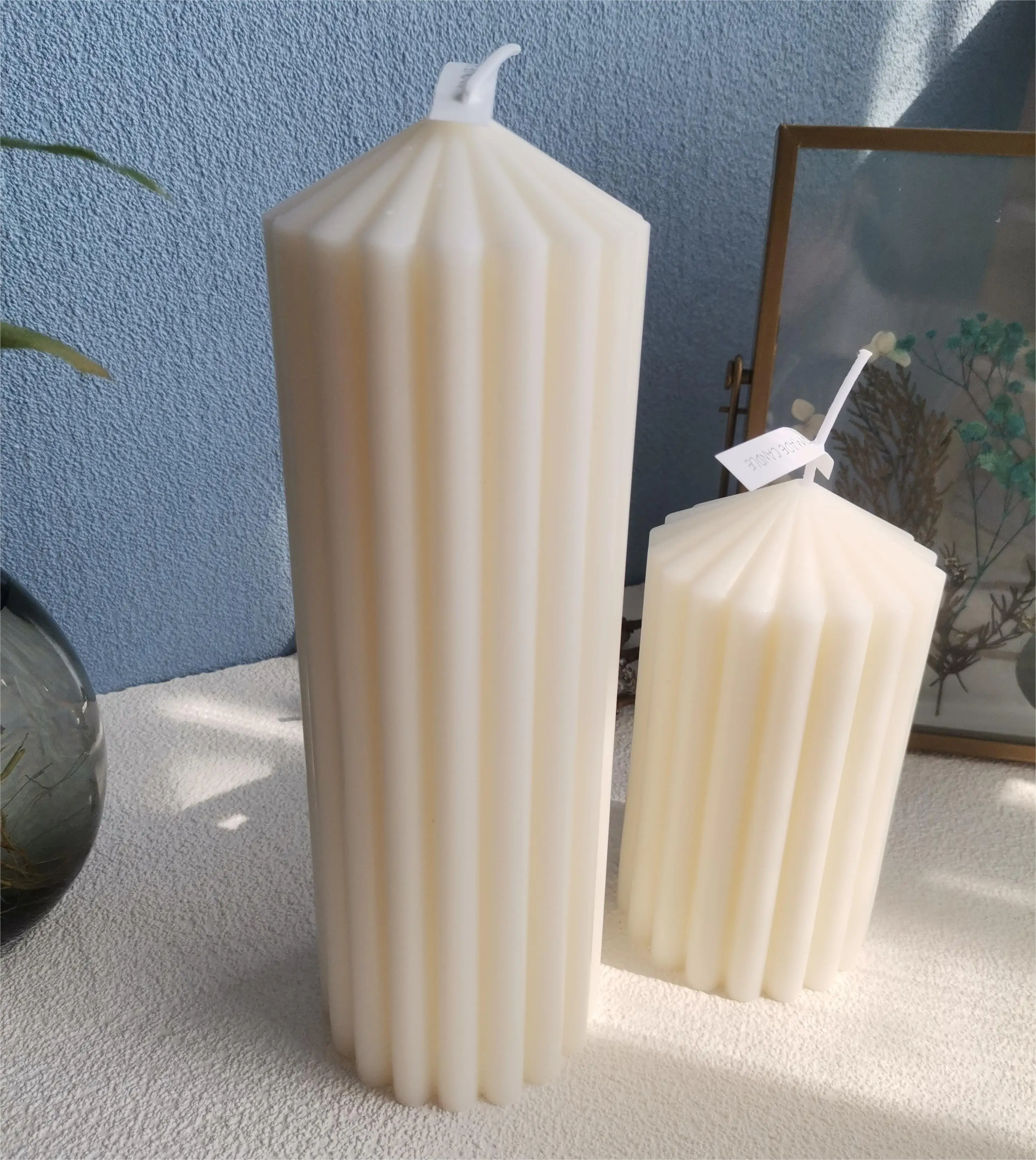 Private Label Bulk Pack White Large Silo Scalloped Ribbed Stripe Pillar Wedding Party Candles