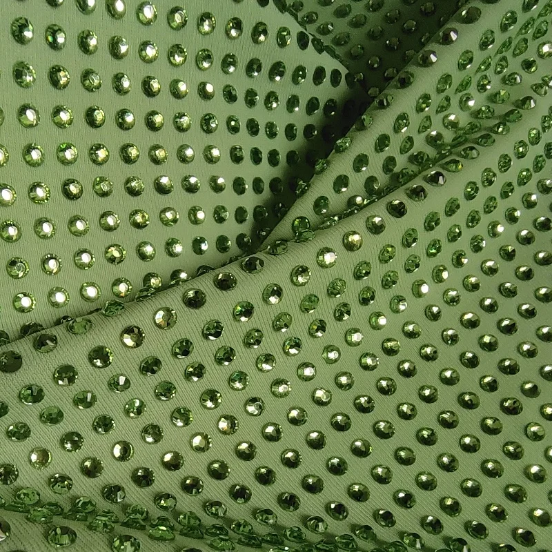 Hot Selling Crystal Gemstone Light Green Clothing Fabric Rhinestone Stretch Cloth for the Party Dresses