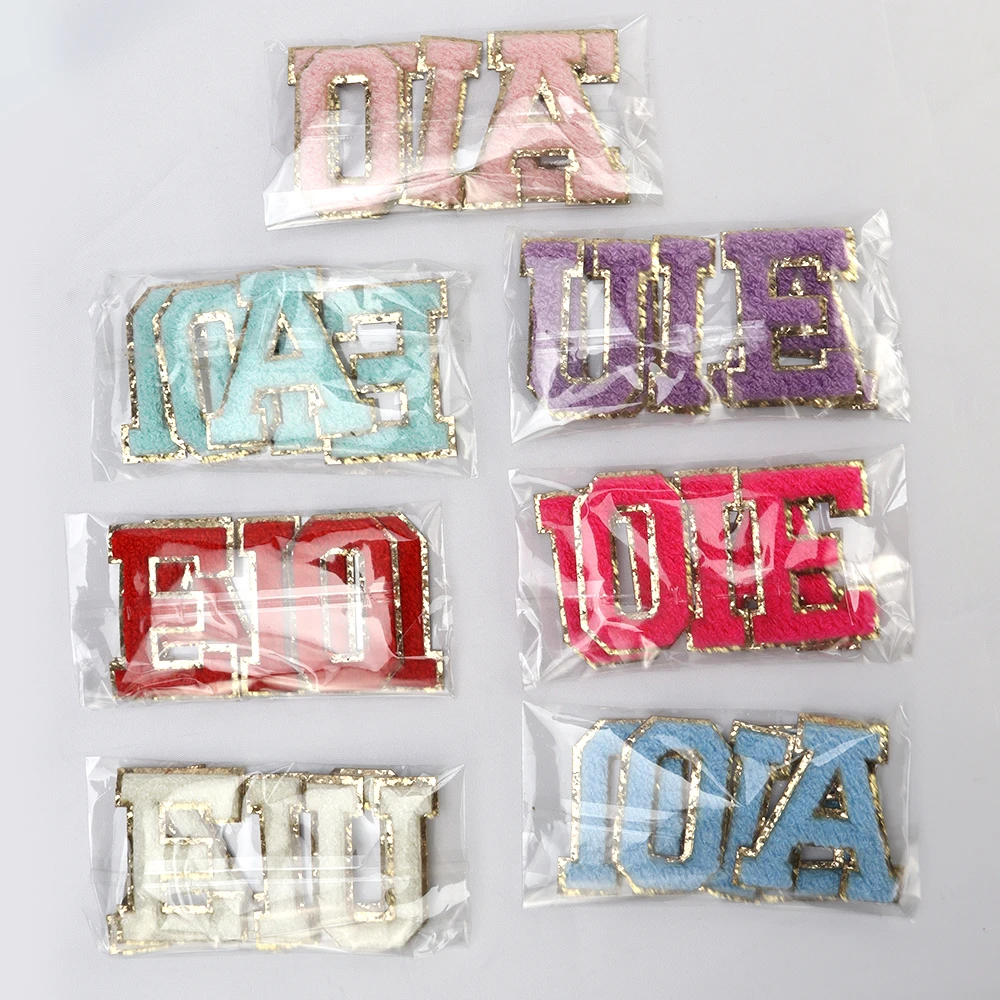 Keymay High Quality Personalized Embroidery Varisty Alphabet Letter Patch Sticker Self Adhesive Glitter Letter Patches Chenille