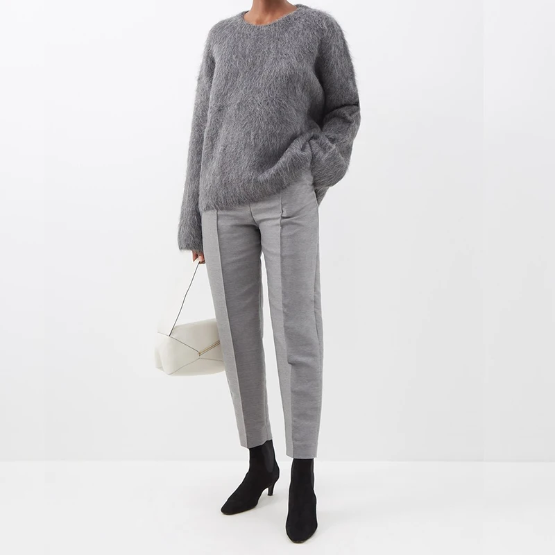 OEM custom logo design pullover crew neck knit stretch women long hairy knitted fuzzy chunky blend alpaca wool sweater