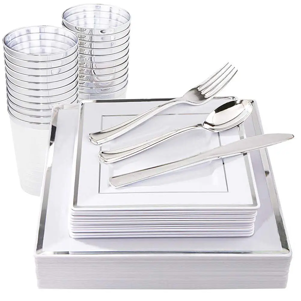 150pcs Disposable Plastic Square Tableware include 9.5in and 7in plate/knifes/forck/spoon/cup for 25 people party set or wedding