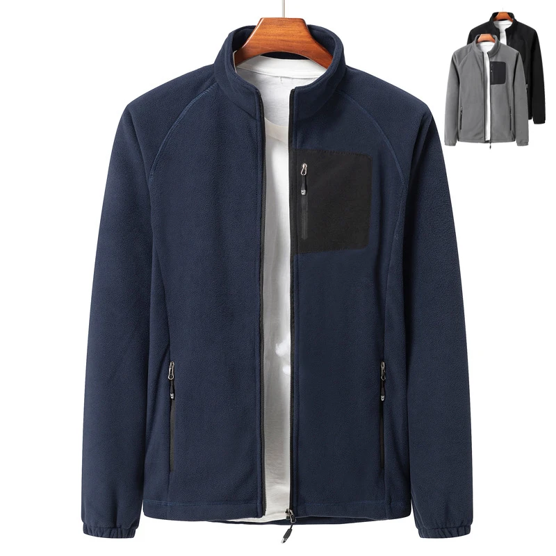 Custom Logo Warm Solid Color Pockets Fleece Zip Up Jacket Golf Winter Jacket Men Fleece Jacket