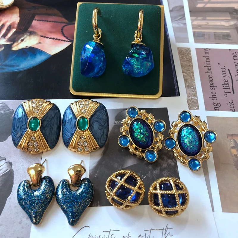 Electroplating Real Gold Engraving Pattern Blue Glass Gem Enamel Glaze 925 Silver Stud Earrings