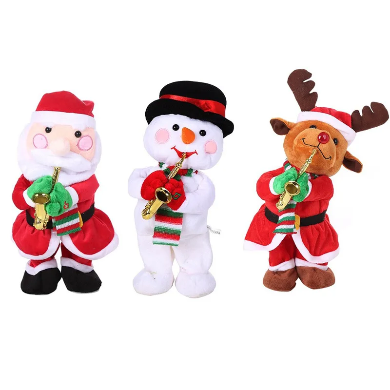 Soft Stuffed Christmas Decorations Toys Doll  Singing Dancing Saxophone Elk Snowman Plush Santa Claus Toy