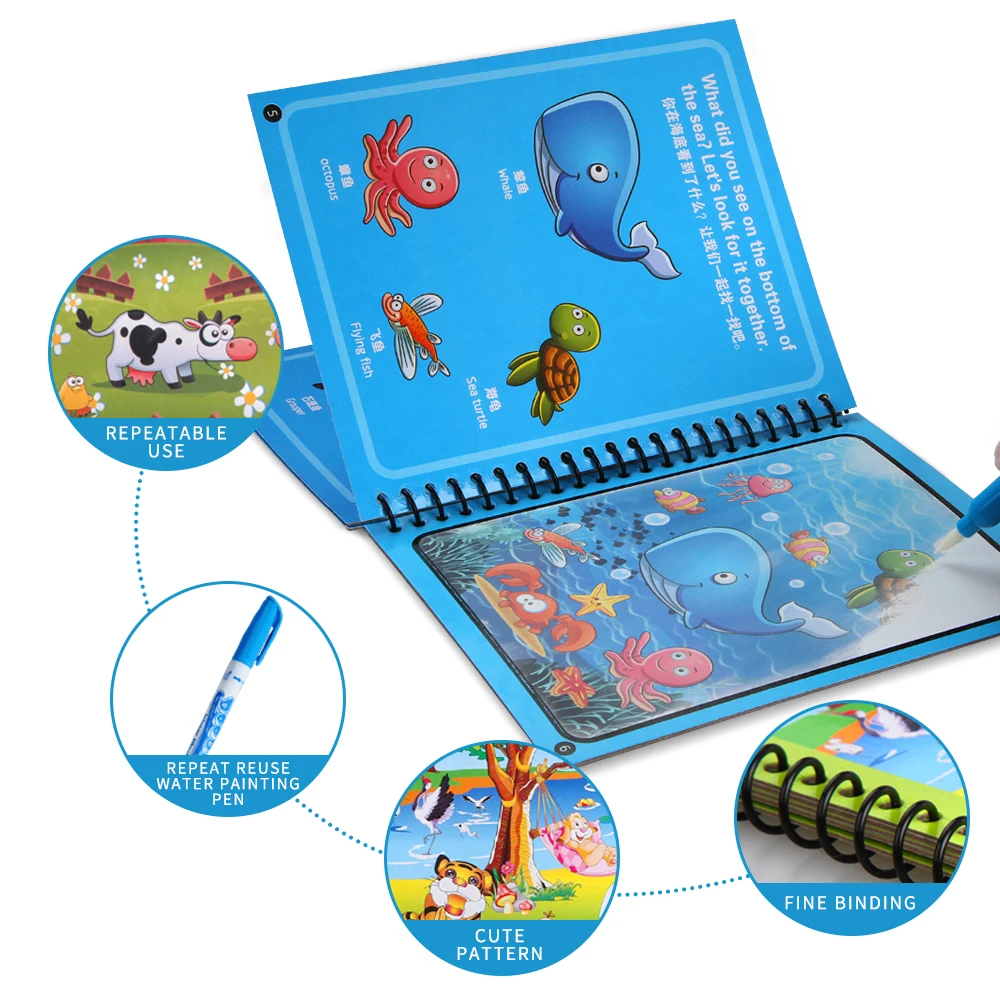 Colourful Magic Water Painting Book Reusable Coloring Book Magic Water Drawing Book With Pen