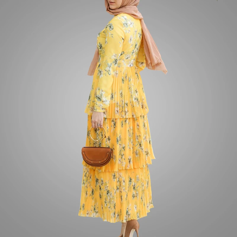 Fashion Flower Printed Long Sleeve Muslim Women Abaya Modest Fresh Islamic Clothing Kaftan Dress High Quality Muslim Abaya Jubah