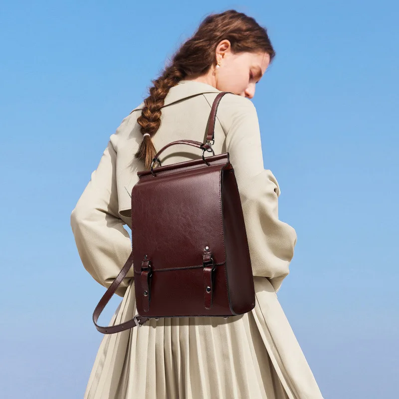 Leather backpack female preppy school bag College student retro computer simple cowhide backpack