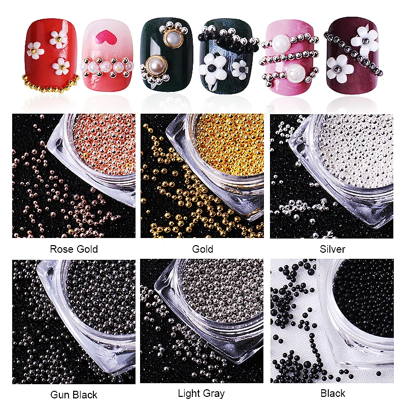 Customized 6 Grids Packing Nail Jewelry Factory Price Wholesale Silver/Black/Gold/Rose Gold Steel Nail Art Caviar Beads