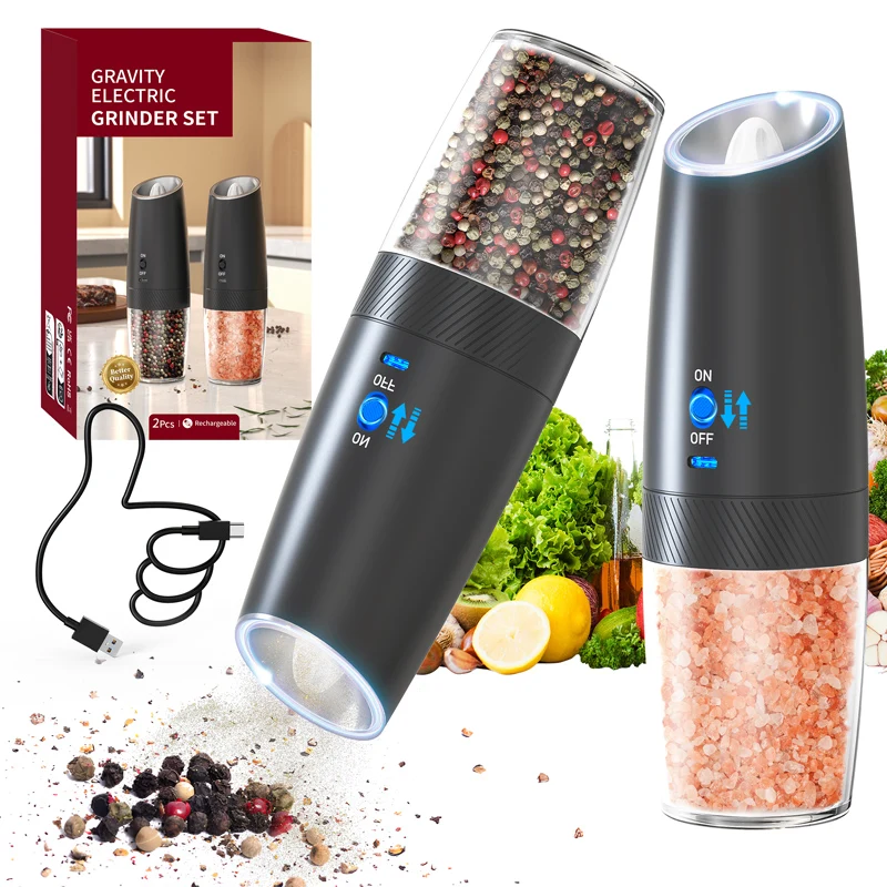 Electric gravity salt and pepper grinder set spice jar rechargeable Black pepper mill grinder