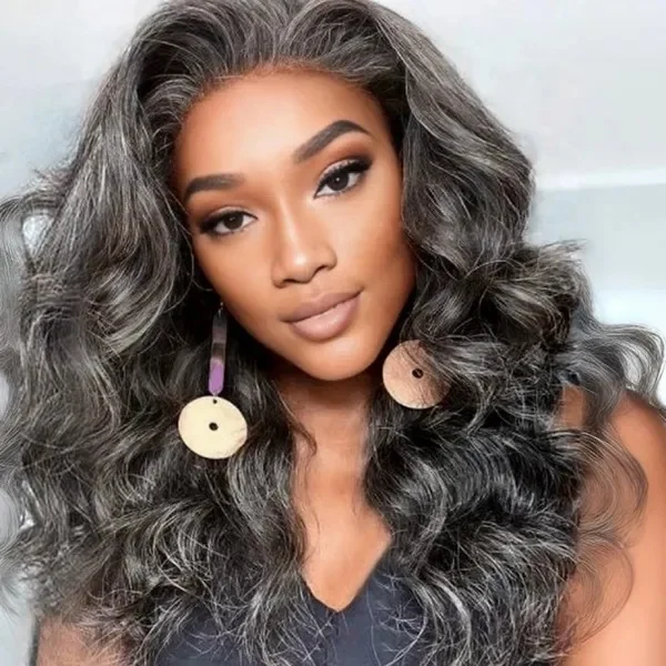 Hot selling 100% human hair wig Salt and Pepper loose wave lace front wigs 180% Density silver grey wigs for women