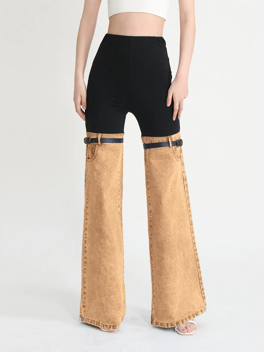 European American street trendy jeans 2024 new style elastic waist design personalized splicing straight wide leg casual pants