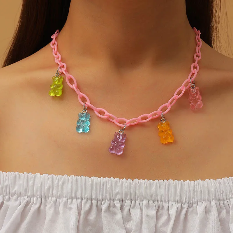 2021 Pastel Rainbow Aesthetic Fairy Kawaii Cute Thick Pink Acrylic Chain Candy Jelly Gummy Bear Necklace Charm Pendant Jewelry
