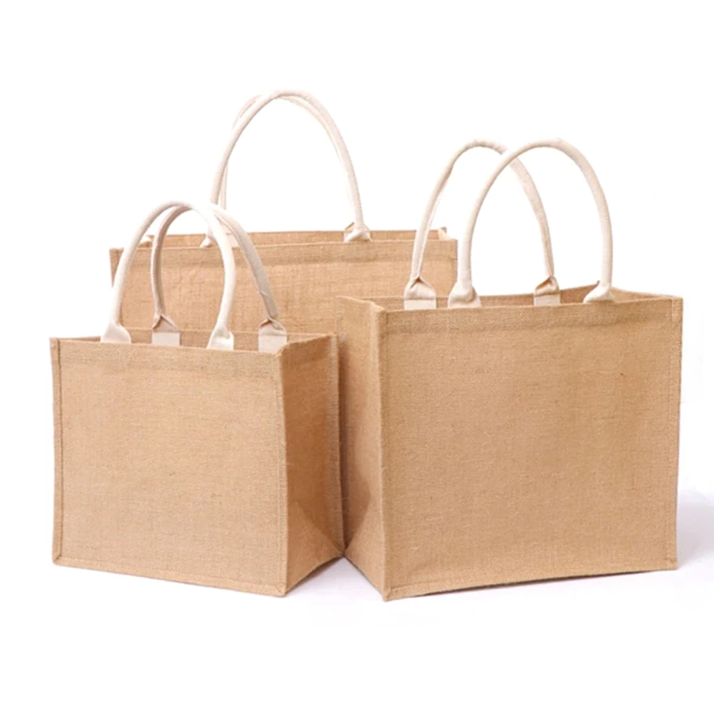In Stock OEM Eco Friendly Blank Canvas Jute Burlap Pouch Tote Bags Soft Cotton Handles