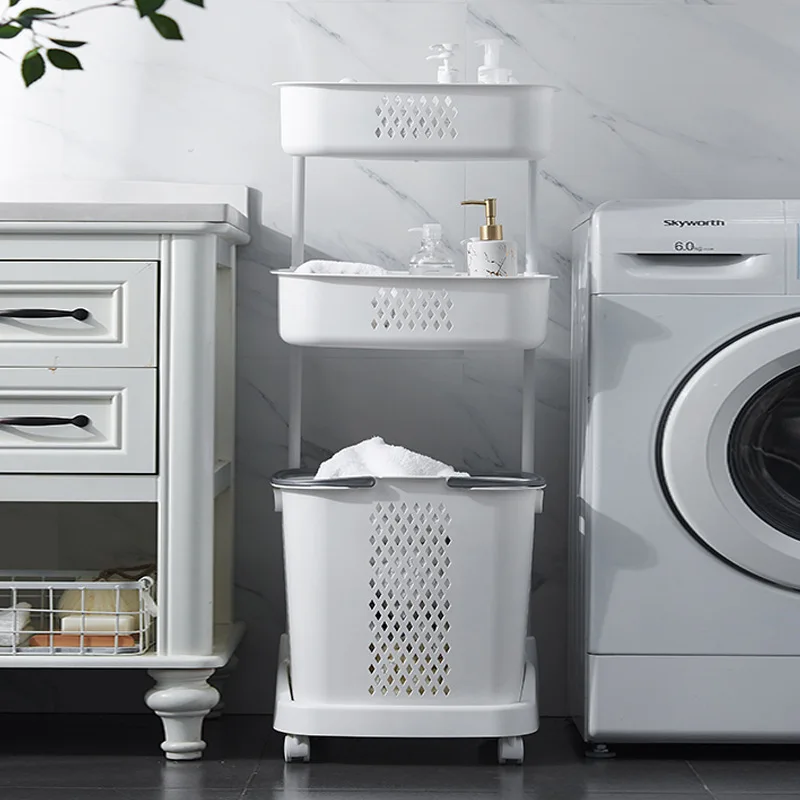 2-layer 44*32.5*73.5cm Layered Storage Bathroom Decor Plastic Dirty Laundry Basket On Wheels