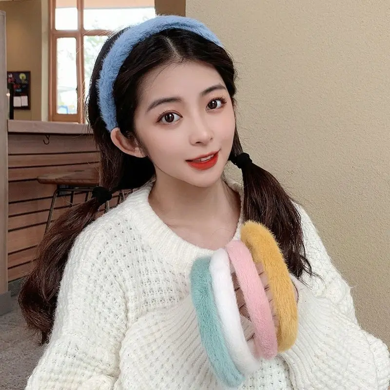 Korean New Fashion Women Warm Hair Accessories Solid Color Thick Winter Furry Headbands Wholesale Fur Headband for Girls