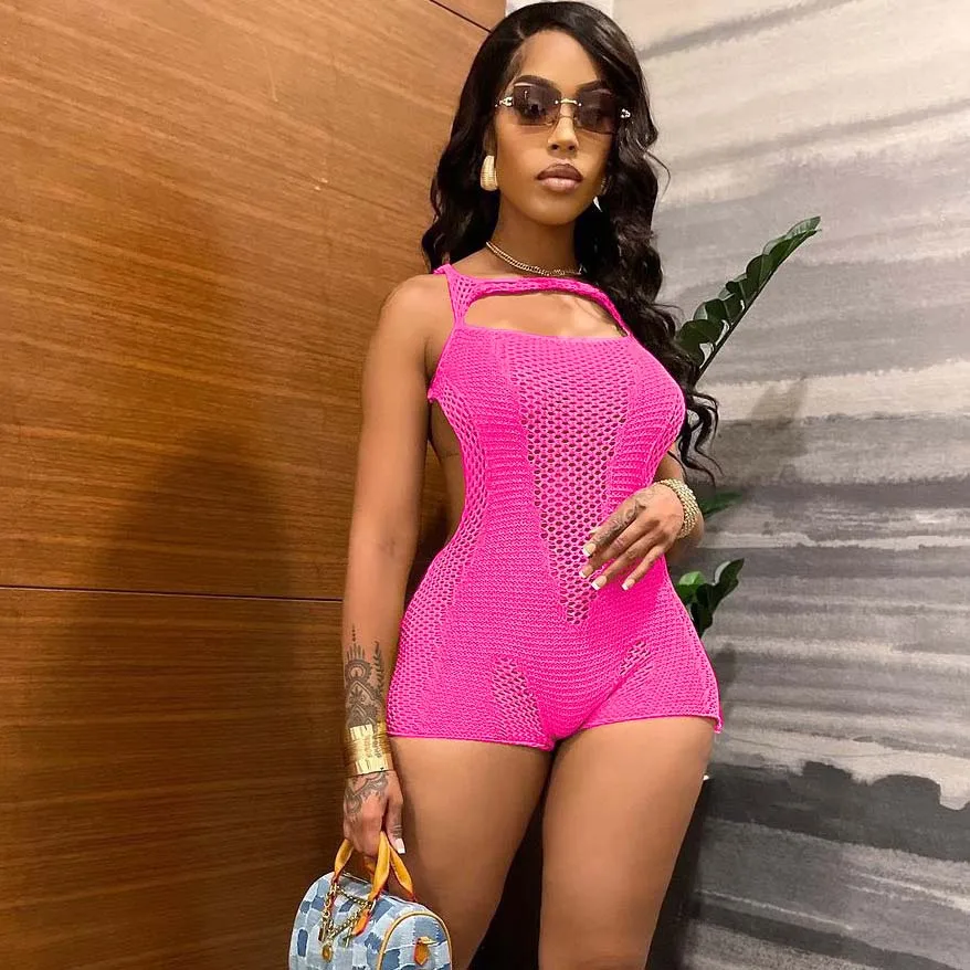 FS13574D new arrivals women sleeveless sexy hollow knit jumpsuits